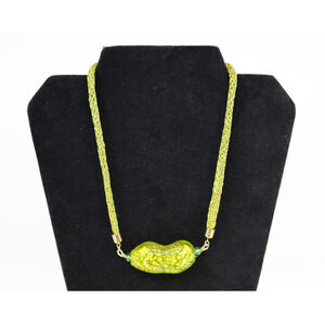 A7 Vintage MILLEFIORI Green Murano Glass Necklace Foil Bead Woven Mesh Chain